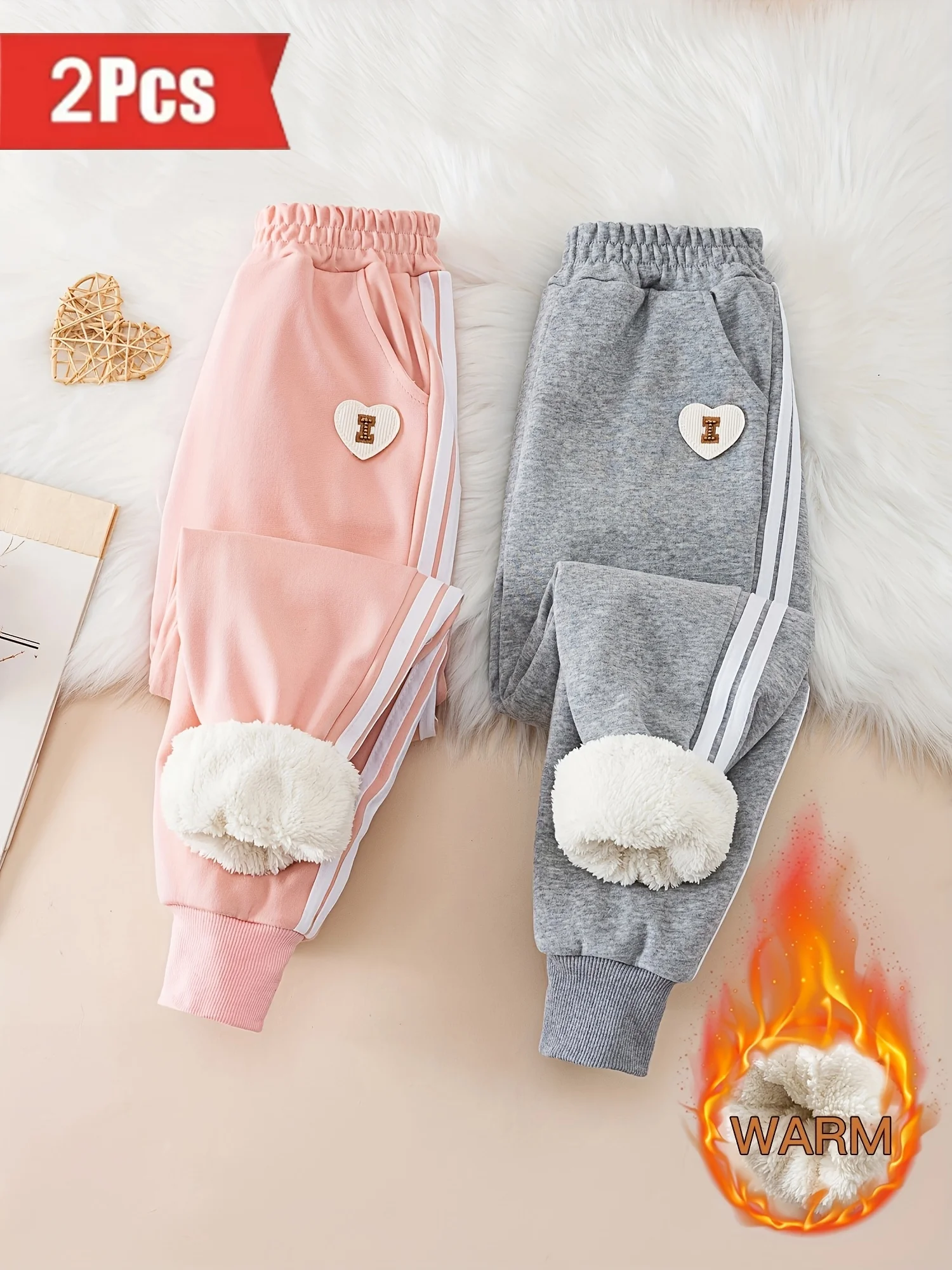 【2-piece set】Girls' Autumn/Winter Love Sheepskin Thick and Warm Jogging Pants, Children's Anti-Chill Warm Long Pants.