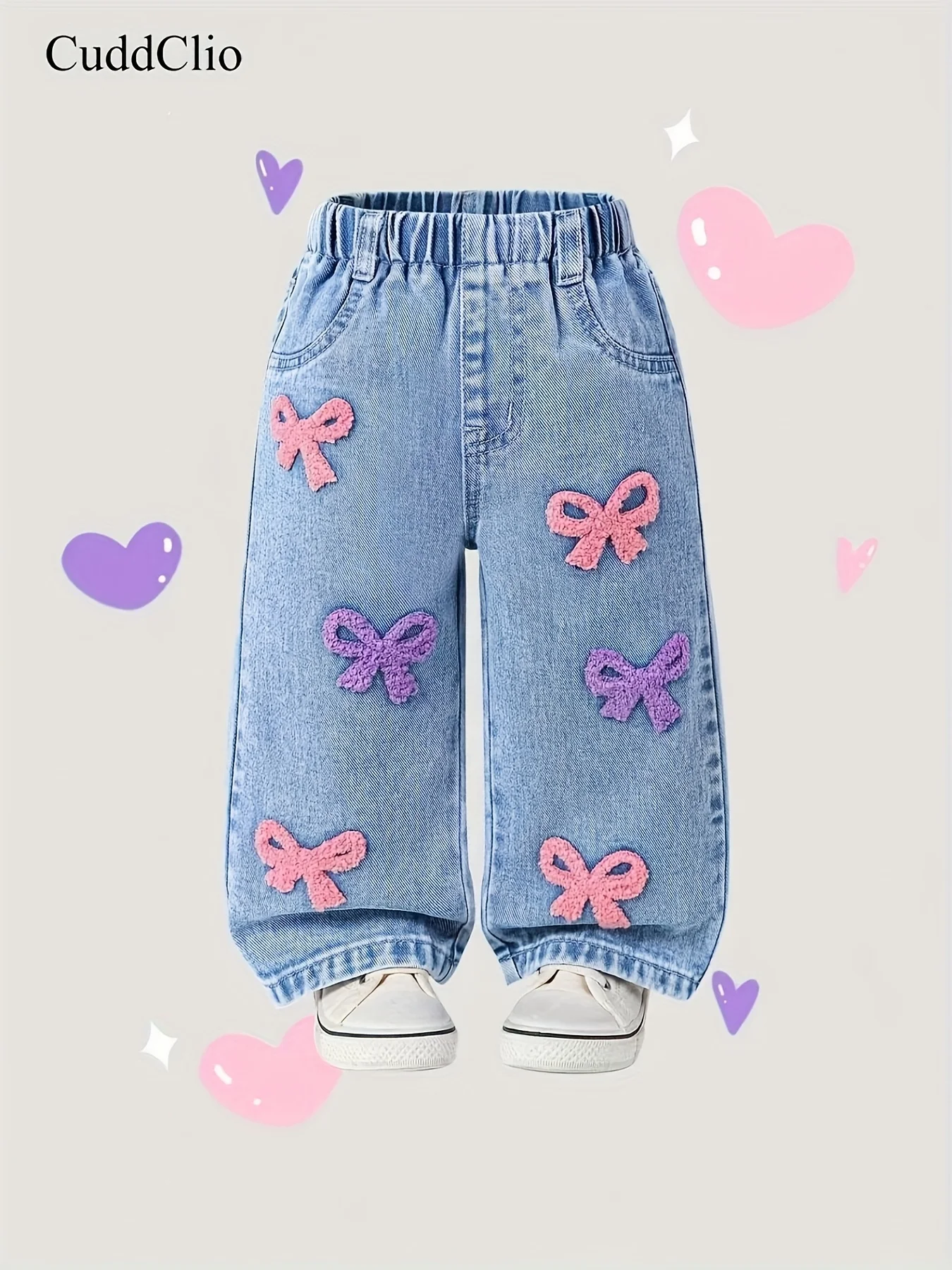 Girls Baby Loose Jeans Autumn Winter Pink Purple Butterfly Knot Embroidery Cute Denim Pants Comfortable Cotton Elastic Waist - Image 2