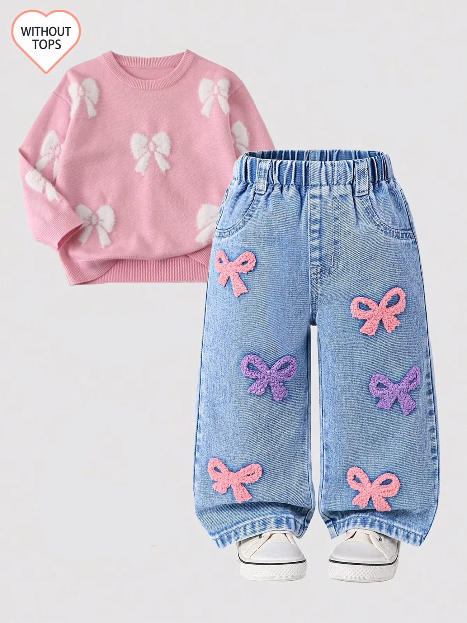 Girls Baby Loose Jeans Autumn Winter Pink Purple Butterfly Knot Embroidery Cute Denim Pants Comfortable Cotton Elastic Waist