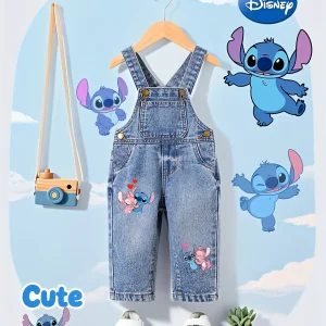 Disney Stitch Patterned Girls Y2K Casual Loose Overalls Comfortable Fabric Washed Denim Outdoor Casual Wear School And Daily Use
