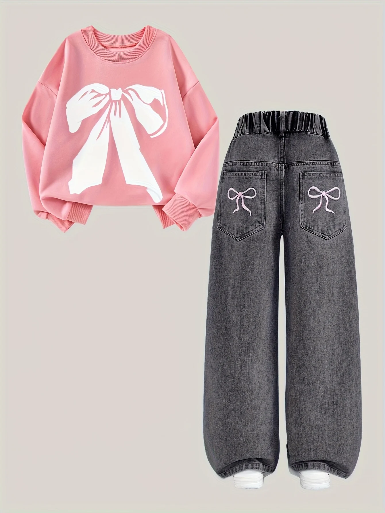 Girls' pink bow-patterned hoodie + black bow-stitched denim straight-leg pants set. Suitable for all seasons.