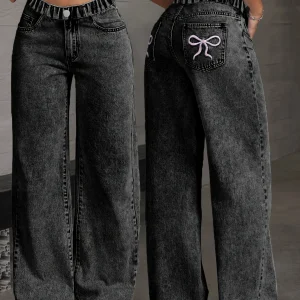 Girl's Y2K style butterfly knot embroidered casual trendy all-purpose straight dark denim pants, comfortable fabric suitable.