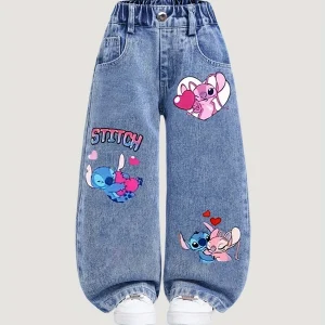 Disney Stitch Y2K Style Loose Straight Leg Jeans Girls Comfortable Year-Round Pants Full Elastic Waist Front Back Pockets,03