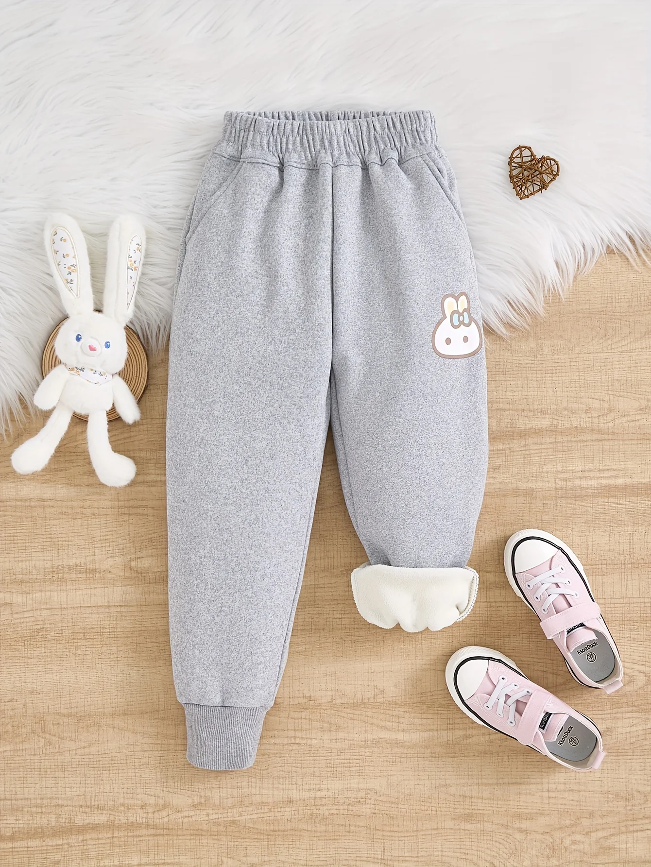 Girls Warm-Padded Long Pants Autumn Winter Rabbit Patterned Trousers for Kids.Full elastic waistband