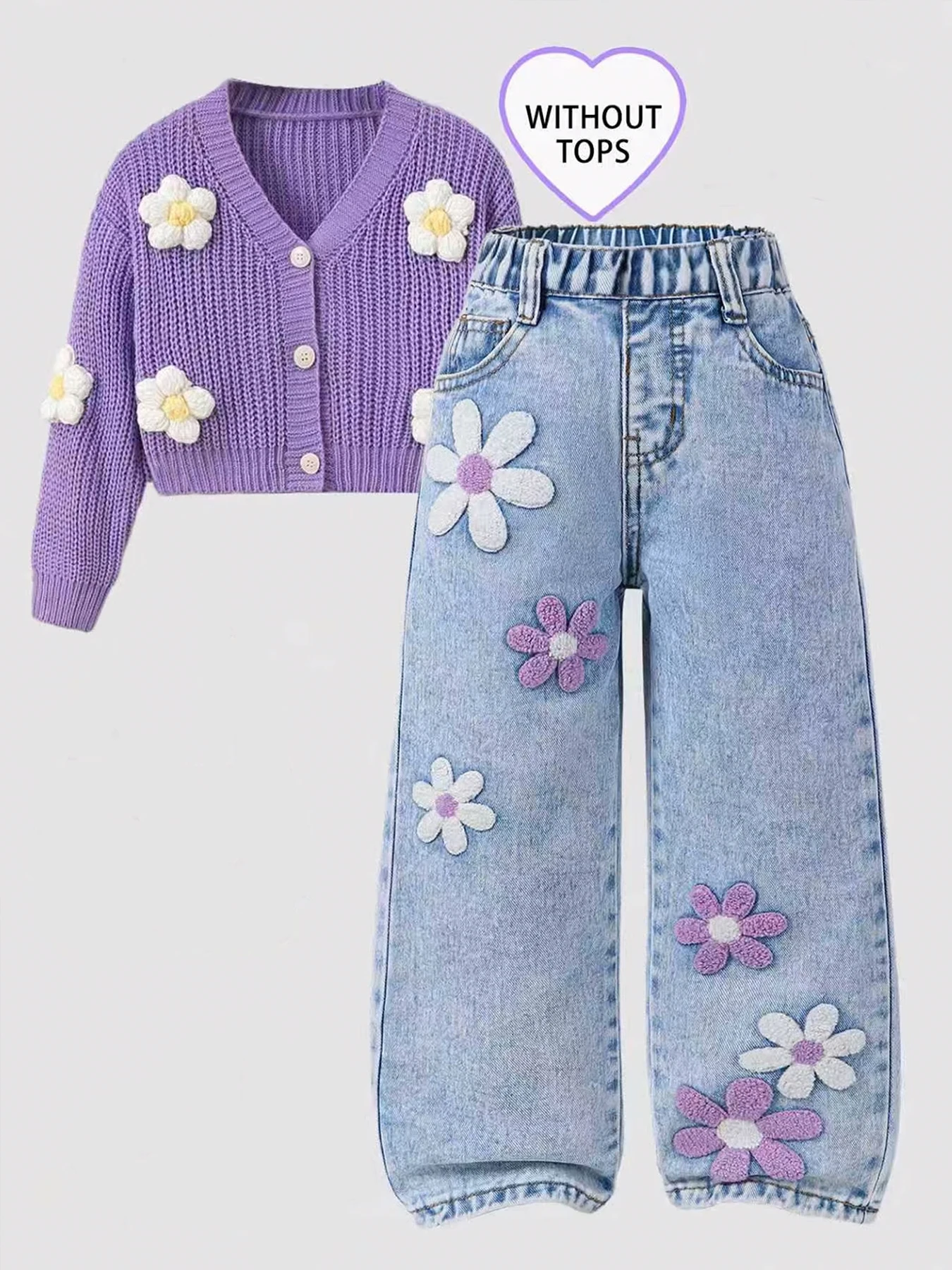 Girls' Floral-Printed Towel-Stitch Denim Jeans Trendy Loose Waist Design Versatile Casual Pants for Kids.Full elastic waistband