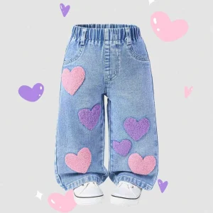 CuddClio Baby Girl's Loose Jeans Autumn Winter Pink Purple Heart Embroidery Cute Denim Full Elastic Waist Comfortable