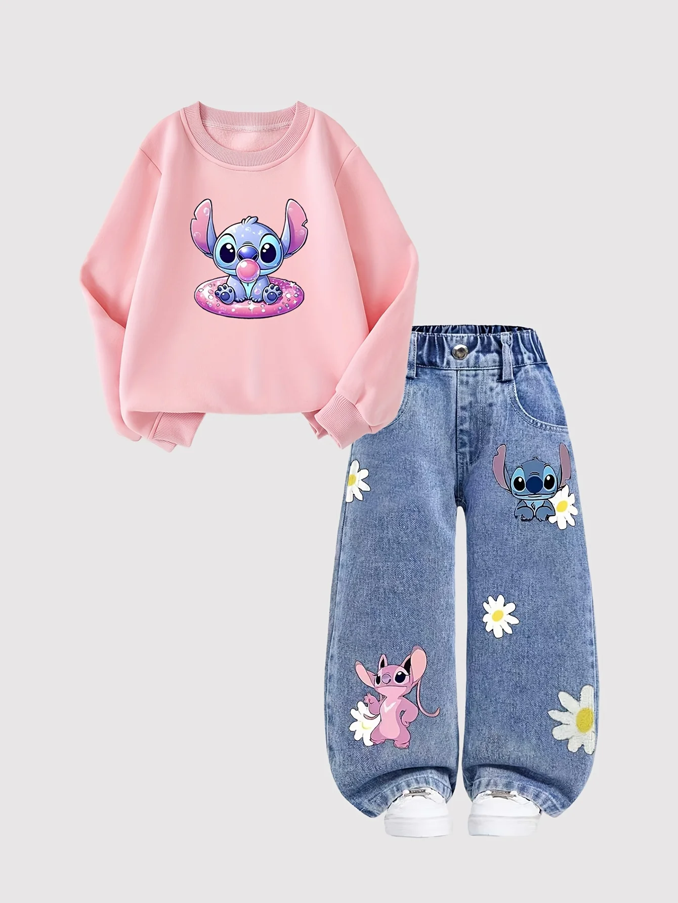 【2-piece set】Disney - Stitch pattern children's clothing, girl's pink sports hoodie + jeans set, fits well and is comfortable.