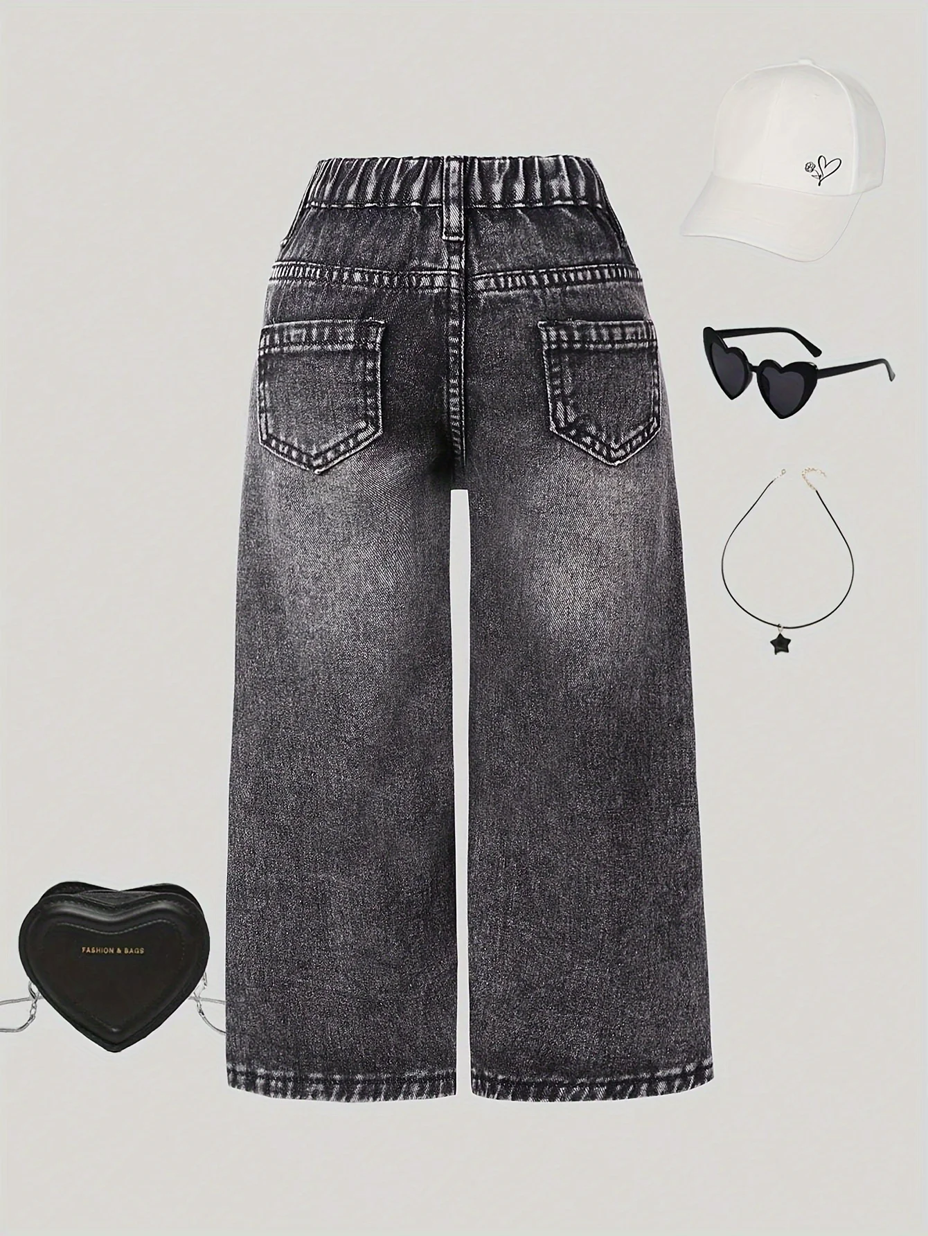 Girls' heart-shaped pattern patchwork American style fashionable street-appropriate black straight-leg jeans. - Image 2