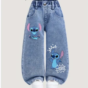 Disney Stitch Y2K Style Loose Straight Leg Jeans Girls Comfortable Year-Round Pants Full Elastic Waist Front Back Pockets,02