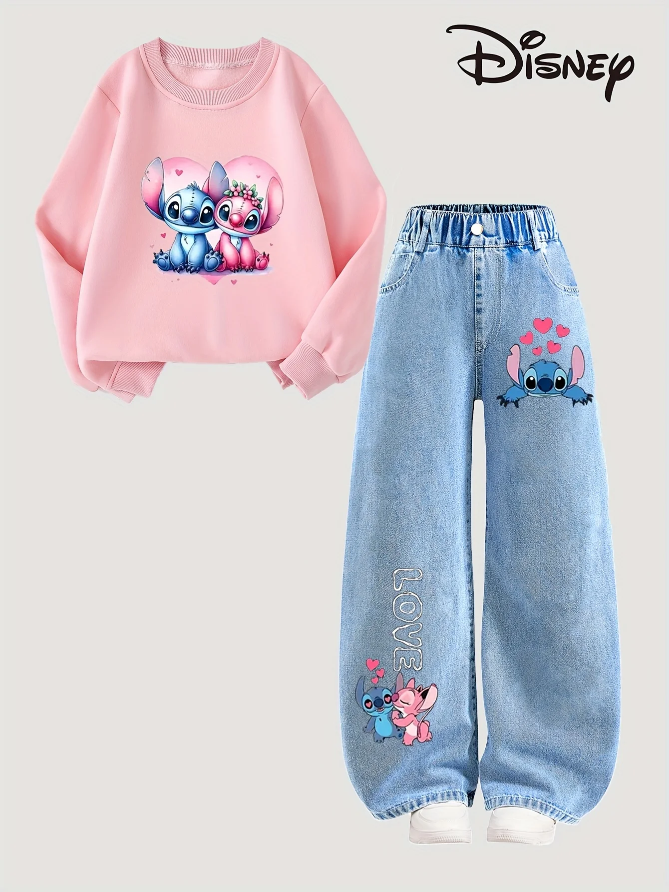 【2-piece set】Disney - Stitch pattern children's clothing, girl's pink sports hoodie + jeans set, fits well and is comfortable.03